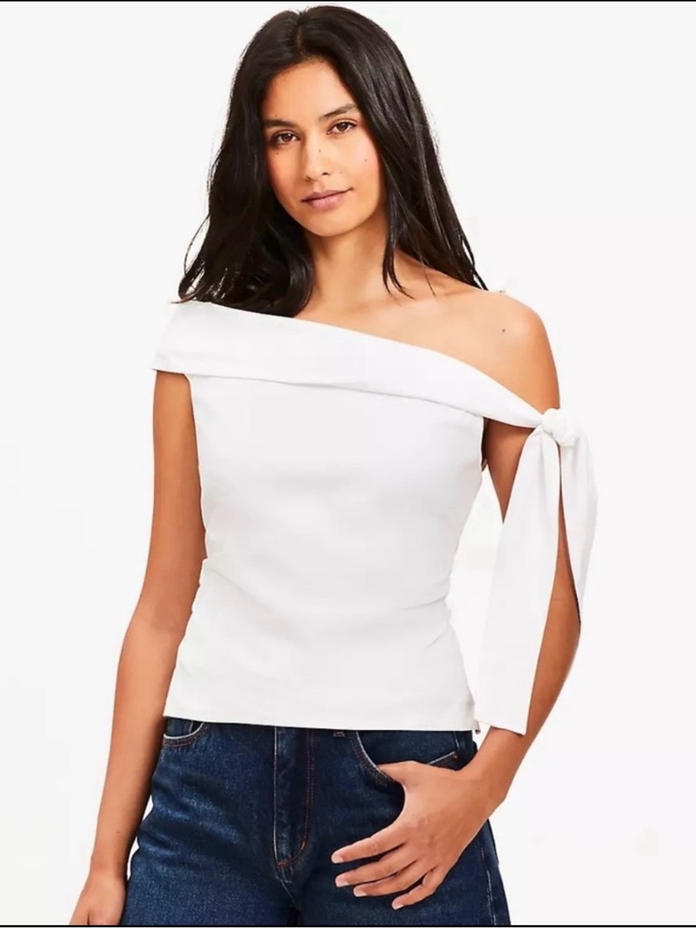 LOFT White One-Shoulder Tie-Detail Tank